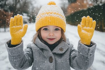 Canvas Print - Winter day with child wearing yellow hat and coat.