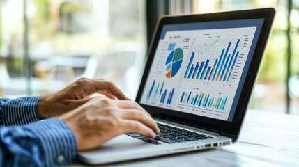 Poster - A person analyzing data on a laptop with various graphs and charts displayed.