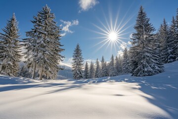 Poster - Beautiful winter landscape with dense mountains covered in dark green spruce trees and paths in deep white snow.