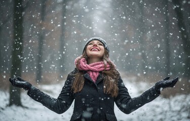 An orange-haired woman in a full length portrait in the snow enjoys the snow with a smile on her face, raises her hands and looks away from the camera.