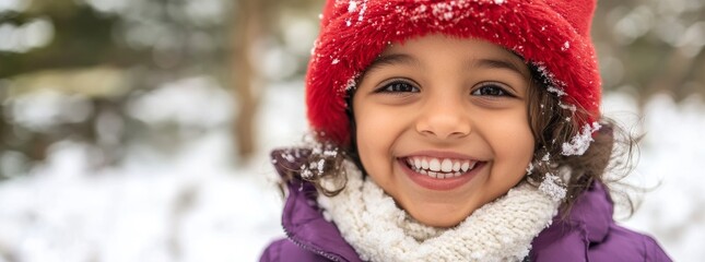 Canvas Print - A girl in a winter hat enjoys a frosty day on a sunny winter day. Sledding, holidays, winter vacation.