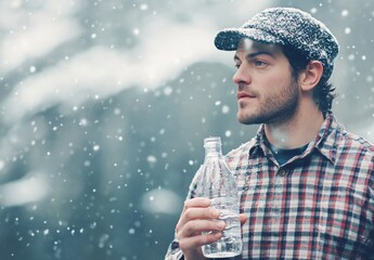 Canvas Print - In the background of beautiful snowdrifts and a forest, a man holding a cup of tea in a red check jacket consumes tea during a snowfall