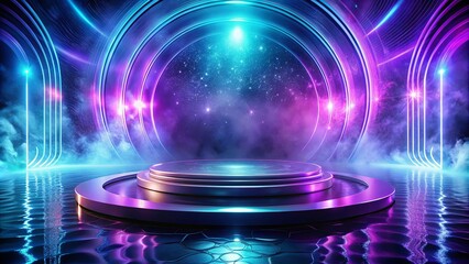 Wall Mural - A circular stage bathed in vibrant neon light, surrounded by shimmering reflections on a celestial backdrop.