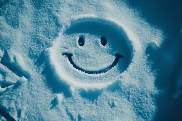 Wall Mural - Face on snow with a smile and eyes, emotions. Postcard with copy space. Concept for weather, congratulations, holidays, layouts, posters, advertisements, announcements, etc.