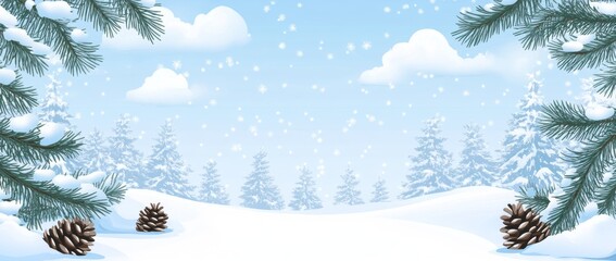 Poster - Winter landscape with snovy fir trees branches and cones in a snowy forest. Christmas and New Year greeting card. Winter banner with copy space.