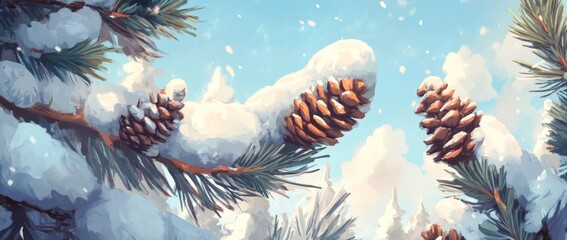 Poster - Branches and cones of Russian Fir Trees in a Snowy Forest. Winter greeting card to welcome the New Year. Banner with copy space.