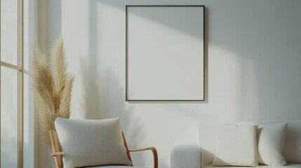 Poster - A minimalist interior scene featuring a blank frame and cozy seating.