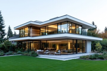 A contemporary two-story house with expansive glass windows and a combination of wood