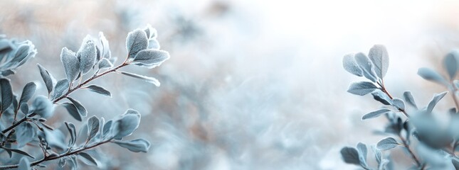 Poster - In the background, a beautiful white Christmas blurred background. An atmospheric natural landscape with frost-covered dry branches during the winter season.