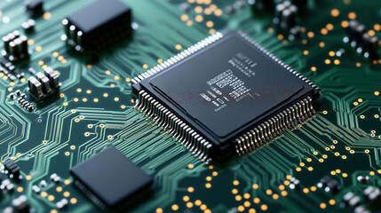 Canvas Print - Close-up view of a microchip on a green printed circuit board with connection pathways and various electronic components.