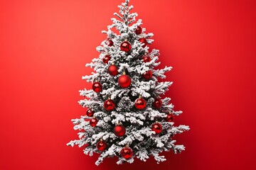 Wall Mural - Red background with fir branches, Christmas balls, and snow