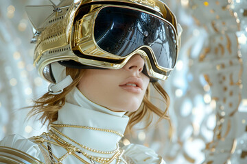Poster - Fashion model person wearing futuristic shiny glamorous VR goggles watching cyberpunk video, Generative AI