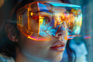 Poster - Fashion model person wearing futuristic shiny glamorous VR goggles watching cyberpunk video, Generative AI