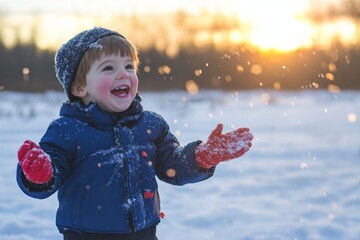 An image of a happy boy standing on a snow-covered field enjoying a sunny winter day. The image represents winter childhood, family fun during the winter season, and leisure activities during low