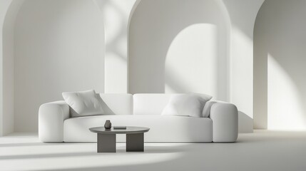 Poster - A minimalist living space featuring a white sofa and a round coffee table in soft lighting.