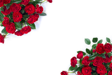 Wall Mural - Red flowers roses on a white background with space for text. Top view, flat lay