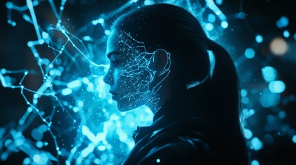 Poster - Human head profile on a starry blue background with interconnected lines depicting a technology concept.