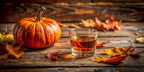 Poster - A Glass of Amber Liquid Rests Beside a Ripe Pumpkin on a Rustic Wooden Table Surrounded by Autumn Leaves