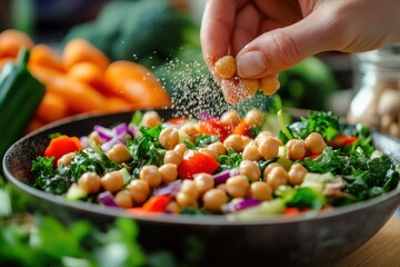 a person is preparing a vibrant, fresh salad with a variety of greens, chickpeas, and other colorful