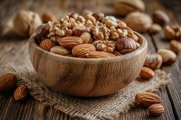 A rustic wooden bowl filled with a variety of nuts, including walnuts, almonds, and hazelnuts