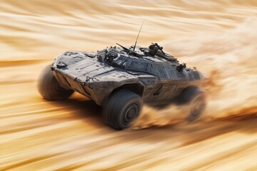 Armored Vehicle Speeding on Sand Battlefield with Motion Blur. Military 3D Rendering Scene