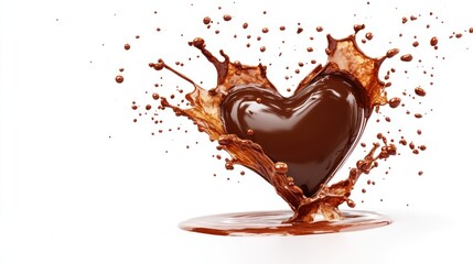 A heart-shaped chocolate splashes in liquid chocolate, symbolizing love and indulgence.