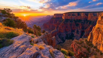 Wall Mural - A sunset over the Grand Canyon, lighting the rocks in red and orange hues