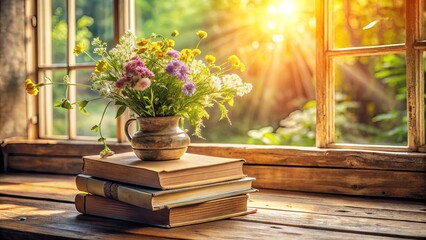 Canvas Print - A vase of wild blooms rests upon a stack of well-loved books, bathed in the soft glow of sunlight streaming through a rustic window.