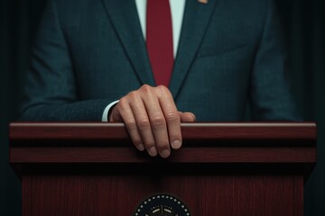 Close-up of politician's hand resting on podium, symbolizing leadership and authority during a speech