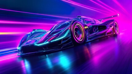 A futuristic concept car with aerodynamic lines and glowing accents, driving through a neon-lit cityscape