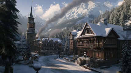 Poster - A snowy village nestled in the mountains, with smoke rising from chimneys