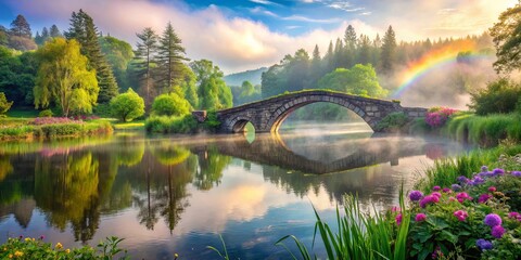 Sticker - A Stone Bridge Arches Over A Misty River With Lush Greenery And A Rainbow In The Sky