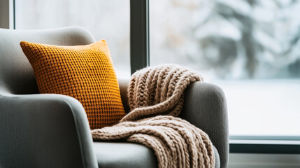 Sticker - Cozy gray armchair with an orange pillow and beige knitted blanket by a window with a snowy view outside.