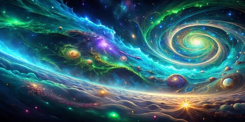 Canvas Print - A swirling cosmic dance with glowing nebulae and celestial bodies, illuminating a distant planet with a radiant sun