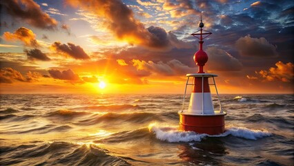 Canvas Print - A solitary beacon stands defiant amidst the tempestuous waves, silhouetted against a fiery sunset sky, a testament to resilience in the face of nature's fury.