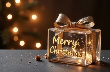 Transparent glass Christmas gift with glass bow, golden glowing text “Merry Christmas”, festive golden bokeh background --ar 3:2