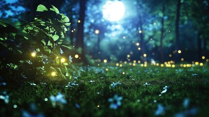 Poster - A quiet meadow under a full moon, with fireflies flickering in the air