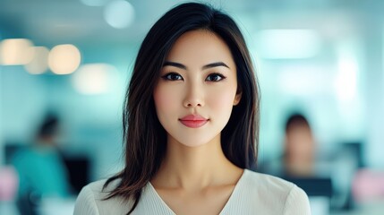 A confident young woman poses for a professional portrait in a modern office environment, showcasing elegance and determination in her career.