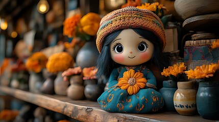 A smiling doll wearing a colorful hat and holding a flower, sits on a shelf with pots of orange flowers.