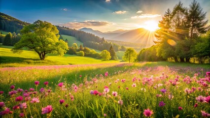 Sticker - Golden Rays Illuminate a Field of Delicate Blooms, Nestled Amidst Lush Green Hills and Tall Trees, as the Sun Sets Over the Distant Mountains.