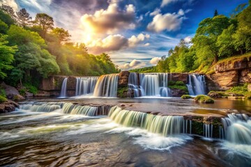 Wall Mural - Medium shot of a beautiful waterfall and river landscape scenery