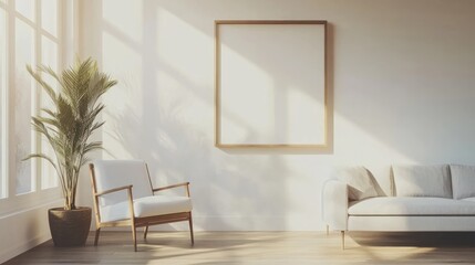 Poster - A minimalist living space with a chair, sofa, and empty frame illuminated by sunlight.