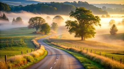 Sticker - A winding road through misty fields, bathed in the soft glow of sunrise, with tall trees standing sentinel, promising a tranquil journey ahead.