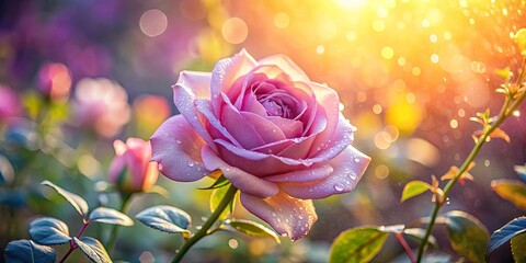 Poster - A Pink Rose Glowing in the Soft Light of the Setting Sun, Its Petals Adorned with Delicate Water Droplets