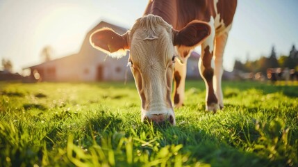 Canvas Print - Cow Grazing in Sunlit Green Field at Farm