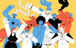 © Paper Trident - Happy people celebrate, have fun together. Group of friends dancing, rejoices at party. Diverse young men and women laughing, love. Concept of international friendship. Flat vector illustration