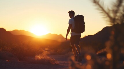 Wall Mural - a hiker enjoys a breathtaking sunset while walking on a desert trail in the mountains during the eve