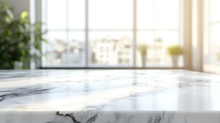 Poster - A marble tabletop with a blurred cityscape view and greenery in a bright, modern setting.