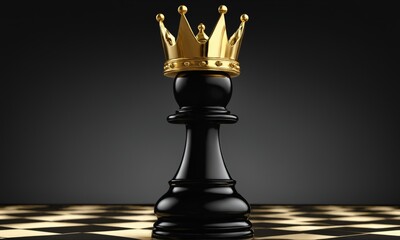 Black chess king piece wearing a golden crown on a chessboard