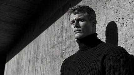 Poster - A man in a black sweater stands in front of a wall
